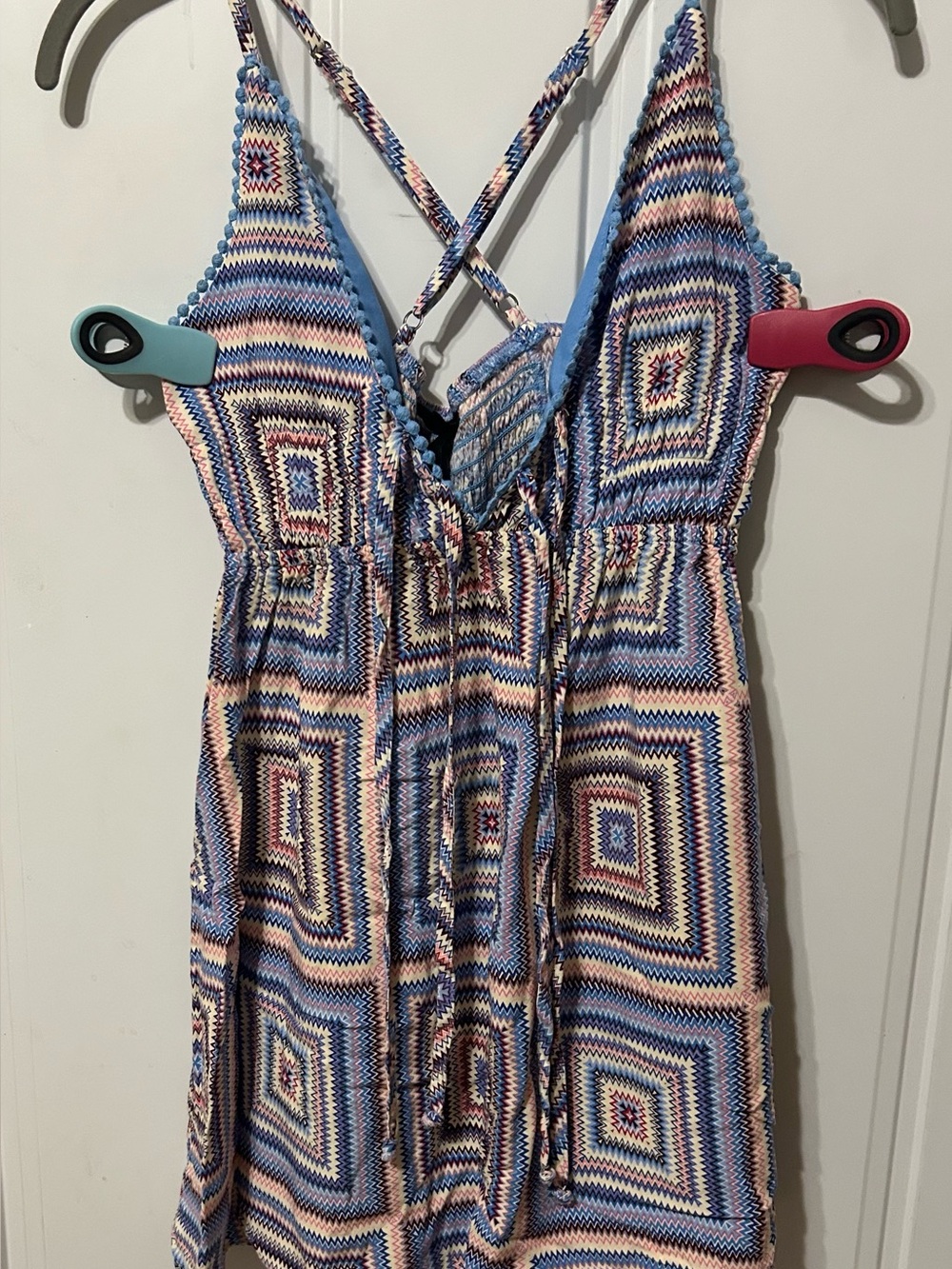 Girls Crisscross Sundress in Blue and Pink Geometric Print